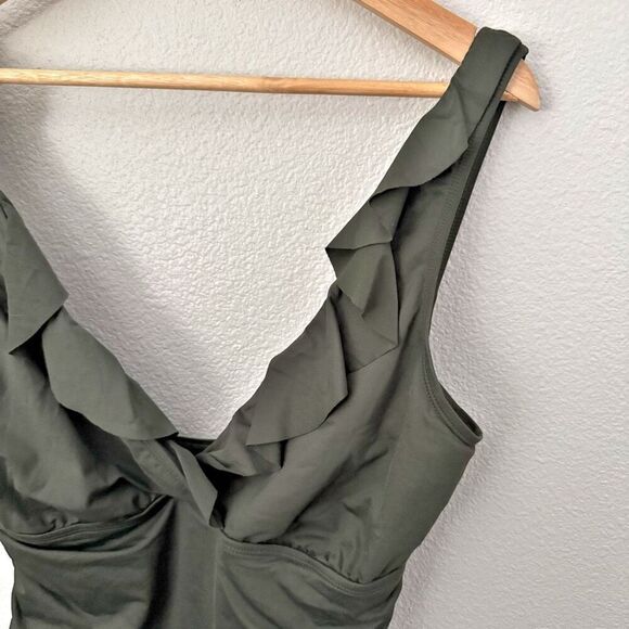 RALPH LAUREN | Olive Green One Piece Swimsuit Ruffle Surplice Ruched | Size XL - Picture 5 of 7